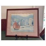 Signed (Peter) watercolor print depicting a Chinese junk boat in Hong Kong's Victoria Harbour, with the city skyline in the background…..12-1/4 x 14-1/4….Peter Wong