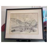 Japanese-style ink wash painting, or sumi-e, featuring a serene landscape with rolling hills and a distant mountain peak, framed in a faux bamboo-style frame…..21-1/2 x 18