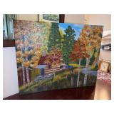 Original Signed S Riley (2020) oil on canvas depicting fall birch tree foliage with old log cabin and antique car…..unframed…..20 x 16