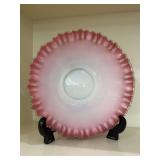 Fenton Ruffled Bride's Bowl in a pink and white cased glass with silver crest edge…..11”D x