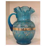 Fenton Art Glass Ocean Blue Hand Crafted Ruffled Rim Floral Pitcher…..9-1/2” tall