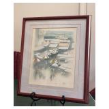 Signed (Peter) Watercolor Print featuring Seaside Shopping District, Fishing Boats, Markets…..12-1/4 x 14-1/4…..Peter Wong
