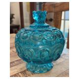 Vintage LE Smith Moon and Stars Blue Glass Lidded Candy Dish…..7-1/2” tall