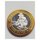 Sam's Town Western Collector's Series gaming token. The central portion of the token is crafted from .999 fine silver.
'Gold Panner' design.  Generally $10 gaming tokens used in slot machines.