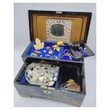 Vintage Hand Painted Wooden Jewelry Music Box Japan with Vintage Jewelry, Antique and vintage brooches. Vintage Necklaces, 50s Aurora Borealis Graduated Crystal Glass Bead Necklace with Gilt Clasp  an