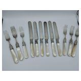 Antique Gilded Age Sterling & Mother of Pearl 6 Fruit Knives & 6 Forks, C. L. Roast 14 stamped on handle.