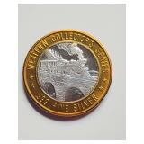 Sam's Town Western Collector's Series gaming token. The central portion of the token is crafted from .999 fine silver.
'Steam Engine Locomotive' design.  Generally $10 gaming tokens used in slot machi