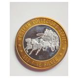 Sam's Town Western Collector's Series gaming token. The central portion of the token is crafted from .999 fine silver.
'Stage Coach' design.  Generally $10 gaming tokens used in slot machines.