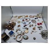 Vintage hand-carved cedar wood jewelry, rustic murals on the lid and a mirror inside. Full of very unique vintage costume jewelry, see pics.