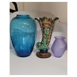 Three lovely vases. Center is Villeroy and Bach, vintage Neodymium Alexandrite purple frosted asymmetrical glass bud vase and blue vase is unmarked. Blenko or Kosta Boda??