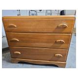 Vintage solid wood three drawer waterfall dresser. Elm wood. 39.5 x 19.5x 33.5 in tall. Show sign of wear.