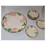 Franciscan Desert Rose China. Includes two dinner plates, two berry bowls, five saucers. Chips on both berry bowls.