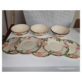 Franciscan Desert Rose China. 3 cereal bowls, five bread plates. No chips or cracks noted, found crazy on the interior of one bowl.