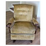 Antique green velvet rocker. 32x30x32 in tall. Seat height 16 in. Needs vacuumed-dusty. Matches item 22. (Not included.)