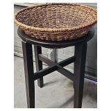 Large woven basket 18 in diameter x 6 in deep on espresso color round stand. 17 x 21 in tall without basket. Basket could be replaced with glass if so desired (not included).