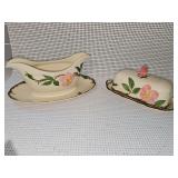 Franciscan Desert Rose China gravy boat with attached under plate and covered butter dish. Minor chipping on rosebud on top of butter dish cover.