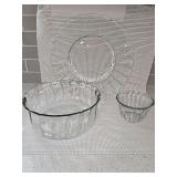 14.25 clear glass scalloped edge platter, 10 in scalloped edge salad bowl, and 5.25 in condiment or nut bowl.