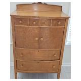 Beautiful antique curly maple 9 drawer chest. 34x20 x56 in tall including back plate.