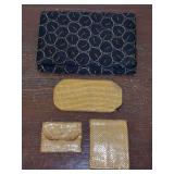4-piece evening bag collection….black clutch with intricate beading, a gold mesh eyeglass case, lipstick purse and wallet/style item