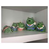 Collection of Mary Ann Baker ceramic frogs…..teapot, creamer, sugar bowl, s/p shakers