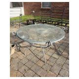 Wrought iron base round table with glass top…..34”D x 20” tall