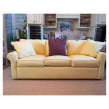 Kincaid (by La-Z-Boy) pale yellow tweed upholstery sofa….. fabric needs cleaned…..82 x 20-1/2 x 19 tall to seat (31 tall overall)…..fraying on cushion edge