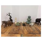 Grouping of porcelain, resin and metal home decor…..Celadon incense burner has damage….white birds are by Lenox