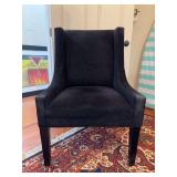 Deep blue microfiber-like fabric dining arm chair…..does show wear from normal but is a sturdy frame piece….27 x 19-1/2 x 19 tall to seat (40-1/2 tall overall)