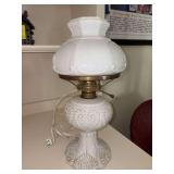 vintage white milk glass hurricane lamp, not marked but possibly manufactured by the Fenton Art Glass Company…..needs cleaned