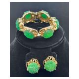 Vintage REJA gold-tone bracelet and matching clip-on earrings with green jade-like cluster stones