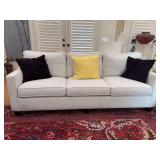 Mayo traditional sofa with performance tweed-like fabric and 5” tapered wood legs…..87 x 22-1/2 x 19 tall to seat (32 tall overall)….includes throw pillows