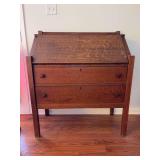 Antique Tiger Oak Mission-Style Drop Front 2-Drawer Secretary…..36-1/2 x 18 x 42 tall….marked B & Co No. 6 F. O. on back….does have stain on top from possibly oil lamp