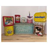 Collection of tins - Crayola (with crayons inside), Wheat Thins, bread, tea, Mickey Popcorn, Butterfinger
