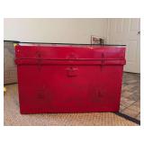Vintage red metal trunk with glass overlay…..30 x 21-1/4 x 20-1/4 tall