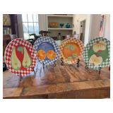 Set of (4) Williams Sonoma 9” Carolina luncheon plates with a fruit and checkerboard design