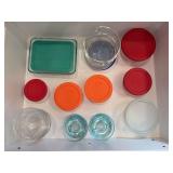 Contents of kitchen drawer…..lidded PYREX food storage bowls in various sizes, small glass condiment bowls