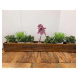 Great looking rectangular centerpiece box with artificial greenery and orchid…..35-3/4 x 5-1/4 x 4-1/4 tall
