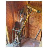 Assortment of lawn & garden tools and caddy…..shovels, rakes and push broom