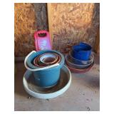 Assortment of various size and material pots and bucket and kneeling pad