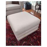 Rolling white tweed fabric cushioned ottoman…..staining so does need cleaned….26” square x 18” tall