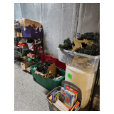 Metal Shelving 35x14x53 Lot of Décor & Containers, Large Plastic Drum, and Tub of Games