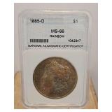 Slabbed 1885-O Morgan Dollar $1 MS-66 Rainbow NNC...