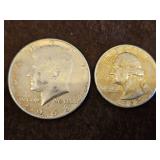 1-1963-D Silver Quarter(90% Silver) & 1-1968-D Kennedy Half Dollar(40% Silver)...
