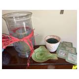 Grouping of decor.. includes a glass vase 8“ x 13 1/2“with dragonflies, a 8 x 9“ pottery bird bowl , planter and coasters