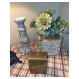 Three decor pieces including a 7 x 8” planter and a 12” x 5 1/2” concrete candle holder