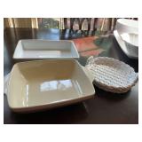 Three serving pieces; white pie pan and two baking casserole dishes..