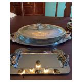 Godinger covered casserole dish with tray 20“ x 11“ and a Towle silver plate grape tray 12” x 6 1/2”