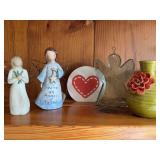 Small grouping of decor pieces including a angel of remembrance Willow tree angel, Tina Wendell angel  and 3 1/2 inch bud base