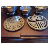 3 Gorham EP serving bowls and an Oneida Paul Revere bowl and 2 trivets