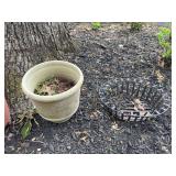 Concrete 11 1/2” x 11” planter and a 17” x 14 1/2” metal basket planter